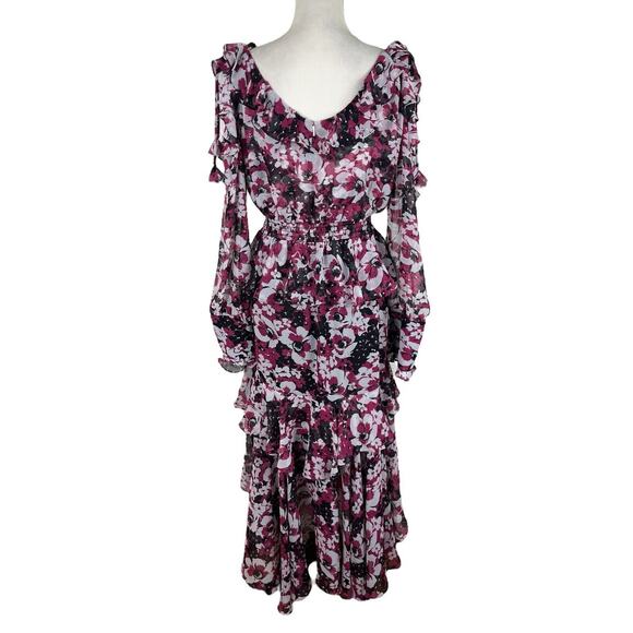 MISA Catriona Cold Shoulder Floral Midi Dress Ruffle Tiered Size Medium - Picture 3 of 10